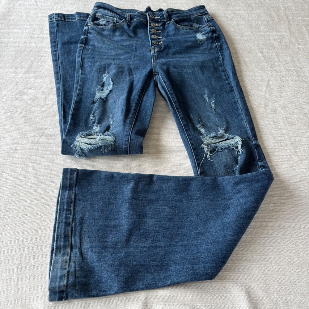 Judy Blue Distressed High Rise Flare Jeans Dark Wash Button Fly JB82430DK 9/29